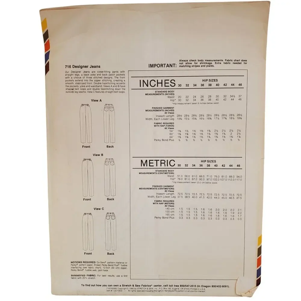 Stretch & Sew Designer Jeans Ann Person Knit Fabric Sewing Pattern UNCUT Vintage